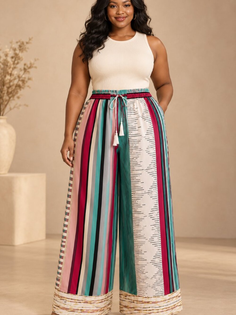 Patchwork High Waist Wide Leg Trouser